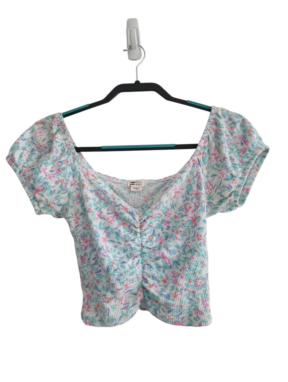 Billabong Pastel Floral Ruched Crop‎ Top Ribbed Stretch Knit Off Shoulder Surf